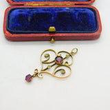Edwardian 9ct Gold, Garnet & Seed Pearl Lavalier Drop Pendant Antique c1910