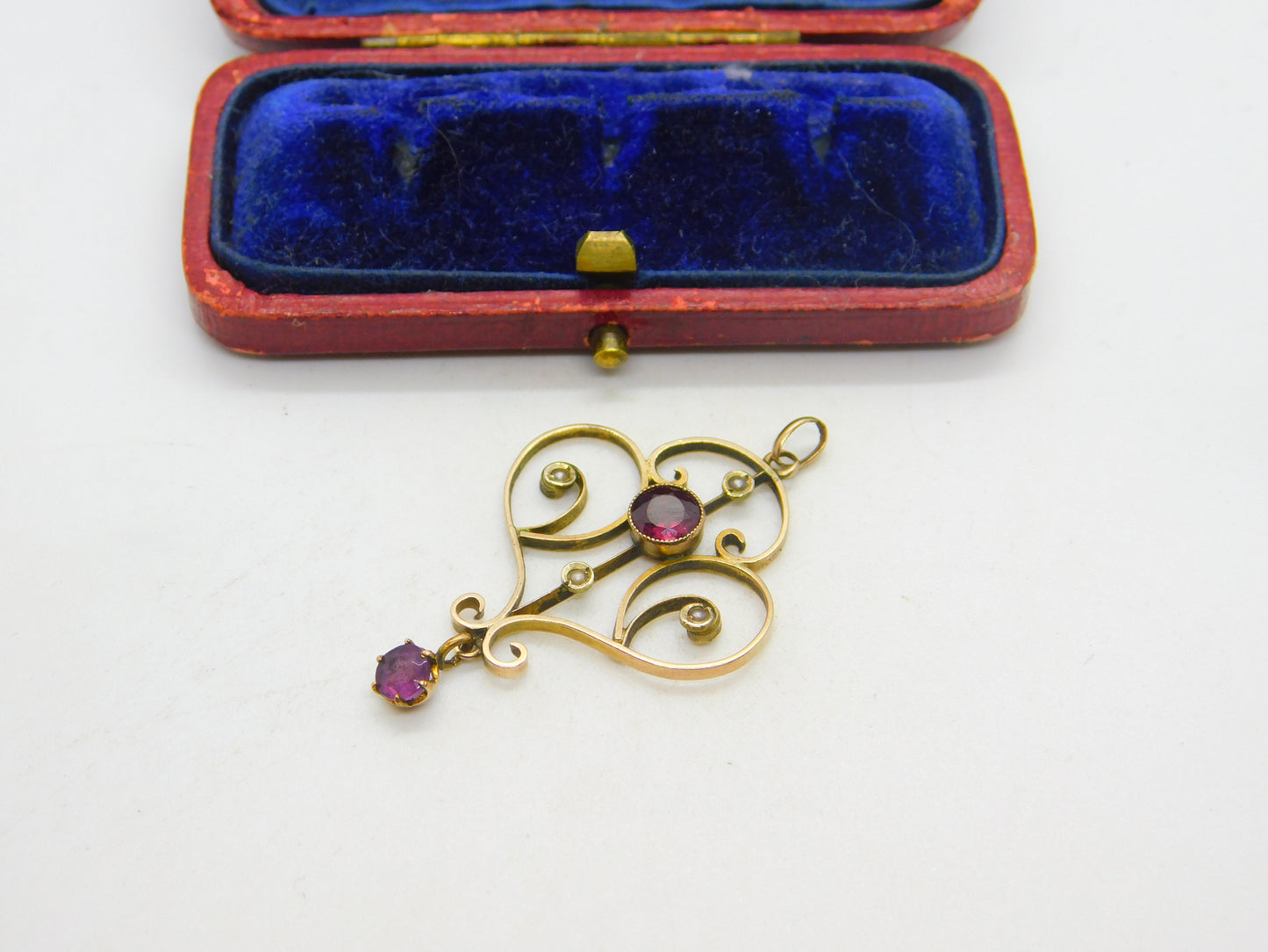 Edwardian 9ct Gold, Garnet & Seed Pearl Lavalier Drop Pendant Antique c1910