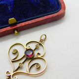 Edwardian 9ct Gold, Garnet & Seed Pearl Lavalier Drop Pendant Antique c1910