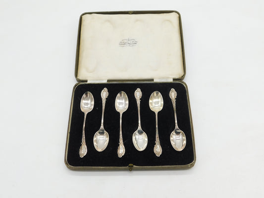 Edwardian Boxed Set of Sterling Silver Floral Teaspoons 1908 Sheffield Antique