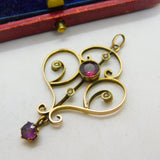 Edwardian 9ct Gold, Garnet & Seed Pearl Lavalier Drop Pendant Antique c1910