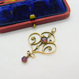 Edwardian 9ct Gold, Garnet & Seed Pearl Lavalier Drop Pendant Antique c1910
