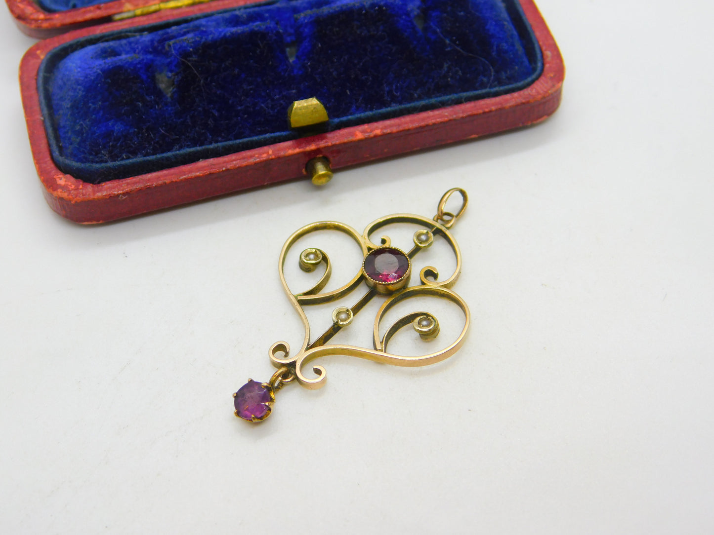 Edwardian 9ct Gold, Garnet & Seed Pearl Lavalier Drop Pendant Antique c1910