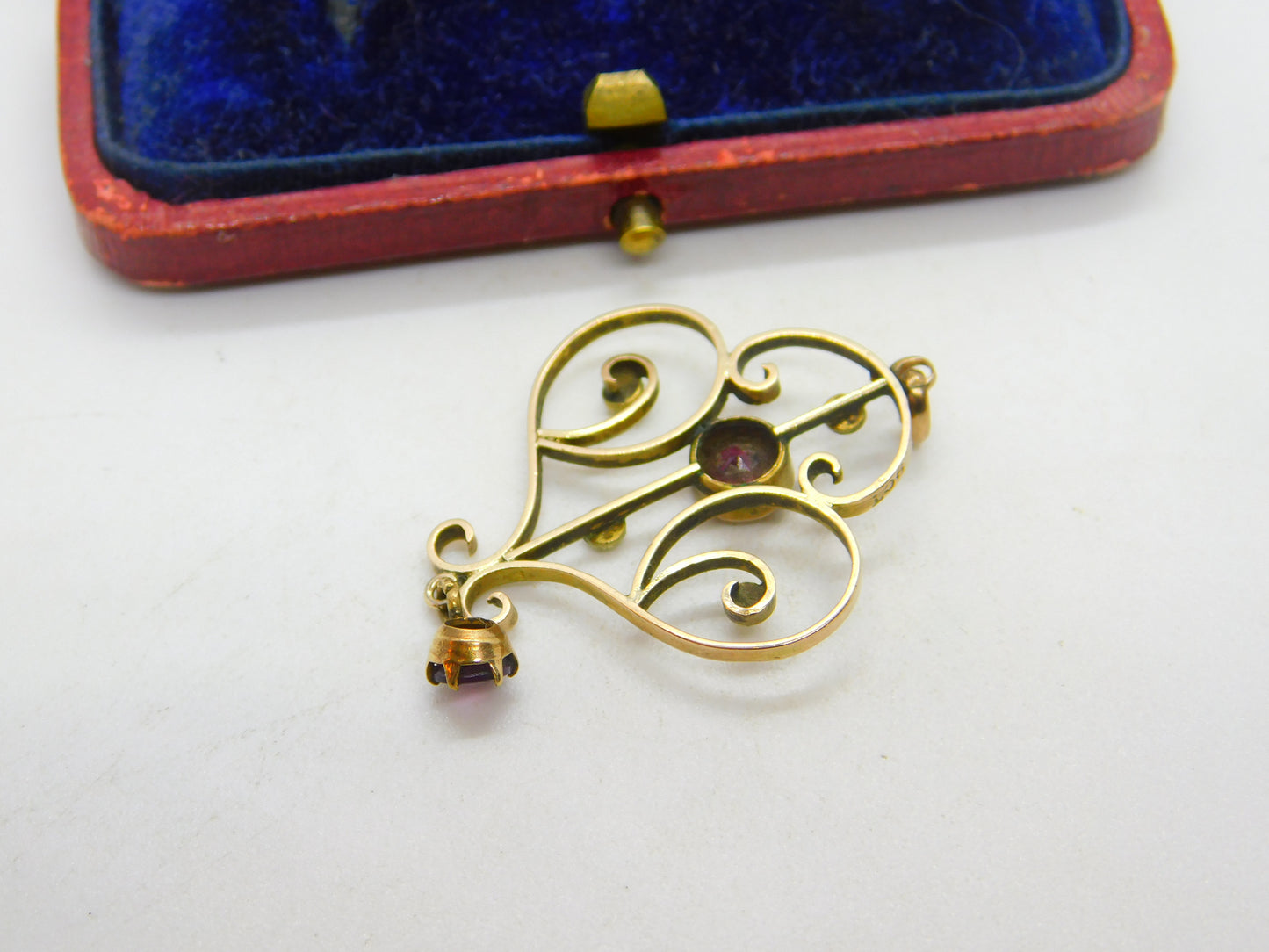 Edwardian 9ct Gold, Garnet & Seed Pearl Lavalier Drop Pendant Antique c1910