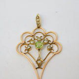 Edwardian 9ct Gold, Seed Pearl & Peridot Lavalier Pendant Antique c1910