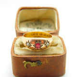 Victorian 22ct Yellow Gold, Ruby & Seed Pearl Boat Ring 1884 Birmingham Antique