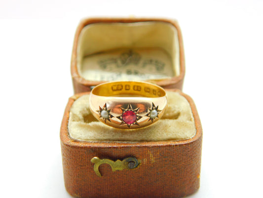 Victorian 22ct Yellow Gold, Ruby & Seed Pearl Boat Ring 1884 Birmingham Antique