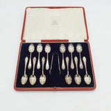 Boxed Set of Sterling Silver Teaspoons & Tongs Antique 1918 London Art Deco