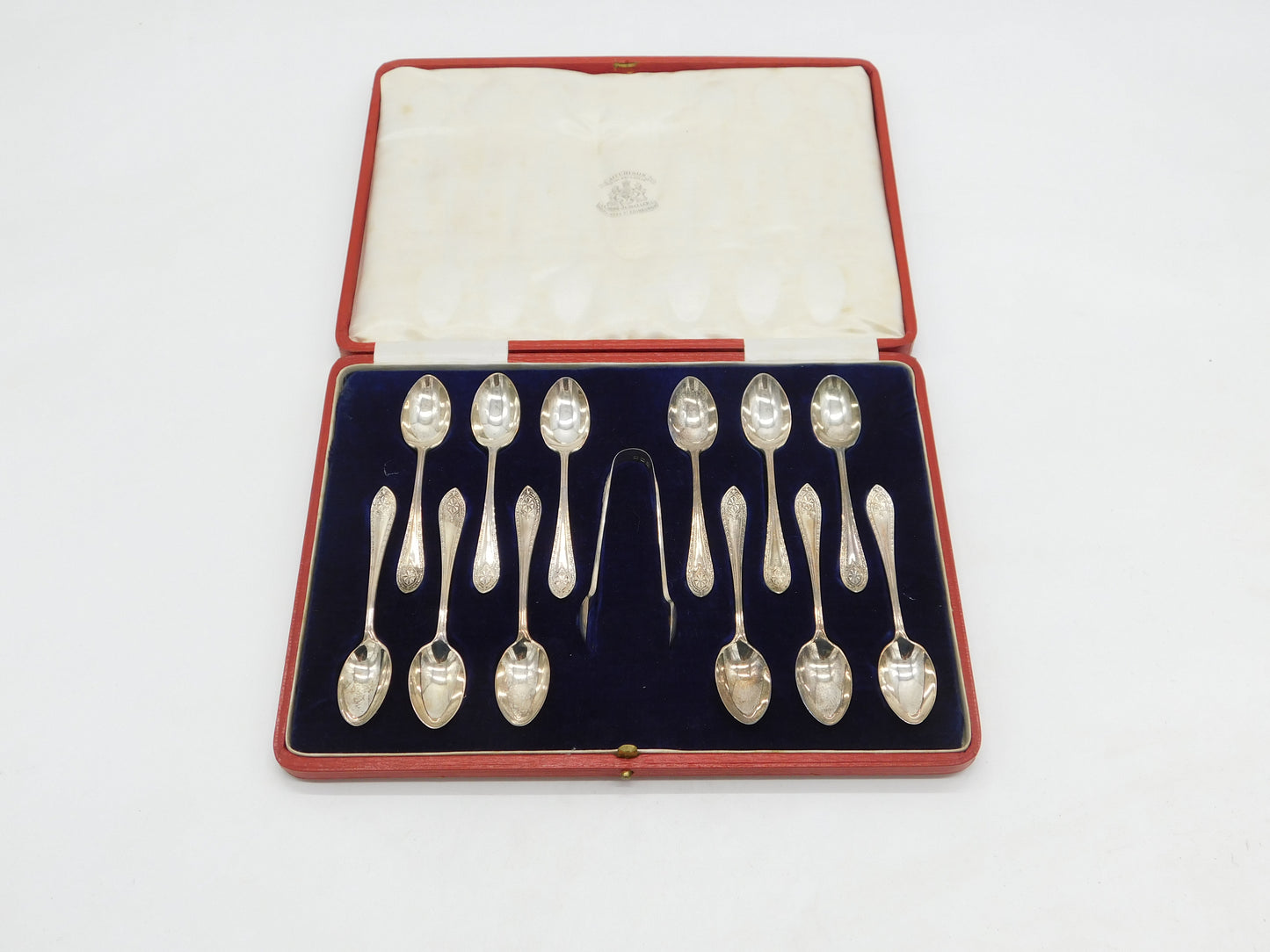 Boxed Set of Sterling Silver Teaspoons & Tongs Antique 1918 London Art Deco