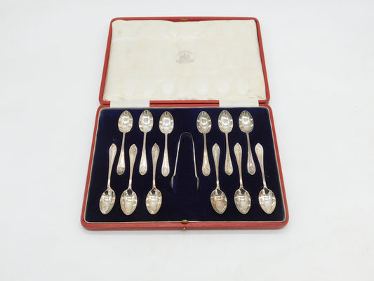 Boxed Set of Sterling Silver Teaspoons & Tongs Antique 1918 London Art Deco