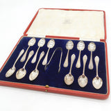 Boxed Set of Sterling Silver Teaspoons & Tongs Antique 1918 London Art Deco