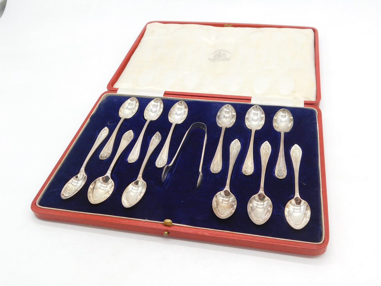 Boxed Set of Sterling Silver Teaspoons & Tongs Antique 1918 London Art Deco