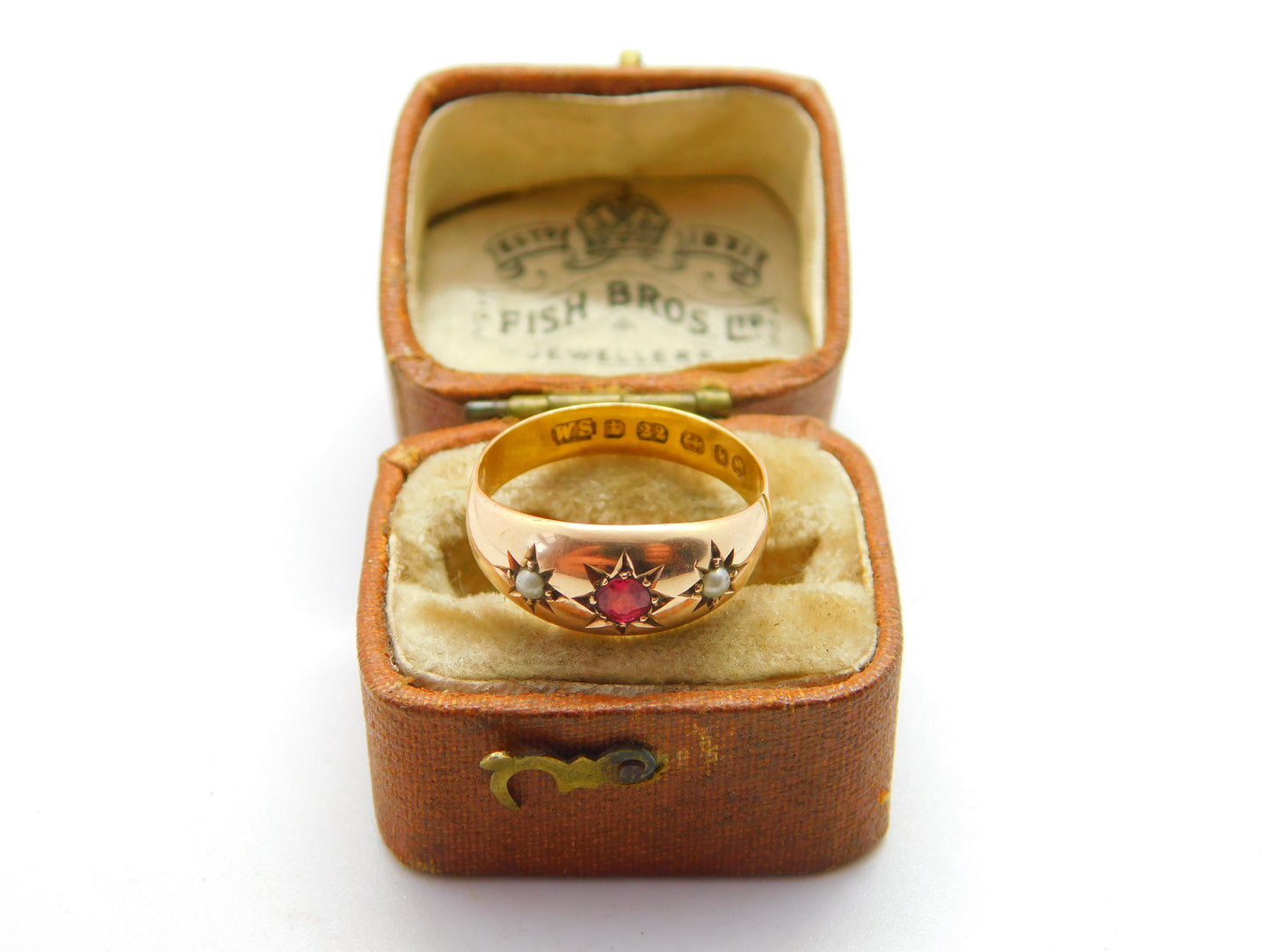 Victorian 22ct Yellow Gold, Ruby & Seed Pearl Boat Ring 1884 Birmingham Antique