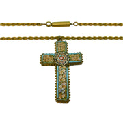 19th Century Italian Gilt Metal Floral Micro Mosaic Cross Pendant Necklace c1860
