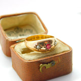Victorian 22ct Yellow Gold, Ruby & Seed Pearl Boat Ring 1884 Birmingham Antique