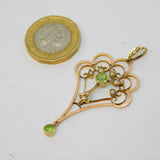Edwardian 9ct Gold, Seed Pearl & Peridot Lavalier Pendant Antique c1910