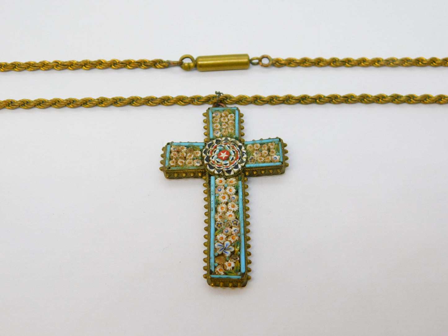 19th Century Italian Gilt Metal Floral Micro Mosaic Cross Pendant Necklace c1860