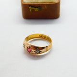 Victorian 22ct Yellow Gold, Ruby & Seed Pearl Boat Ring 1884 Birmingham Antique