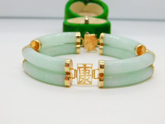 14ct Gold & Apple Green Jade Character Panel Bracelet Vintage 2001 Birmingham