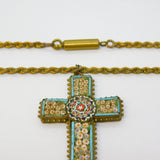 19th Century Italian Gilt Metal Floral Micro Mosaic Cross Pendant Necklace c1860