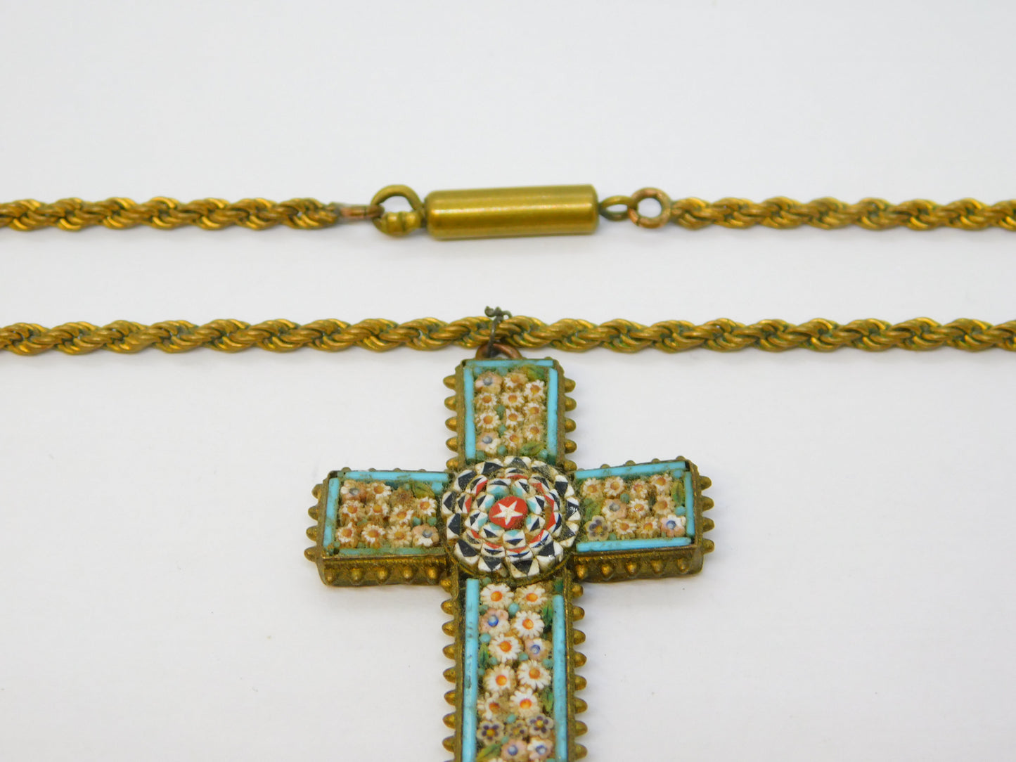 19th Century Italian Gilt Metal Floral Micro Mosaic Cross Pendant Necklace c1860