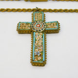 19th Century Italian Gilt Metal Floral Micro Mosaic Cross Pendant Necklace c1860