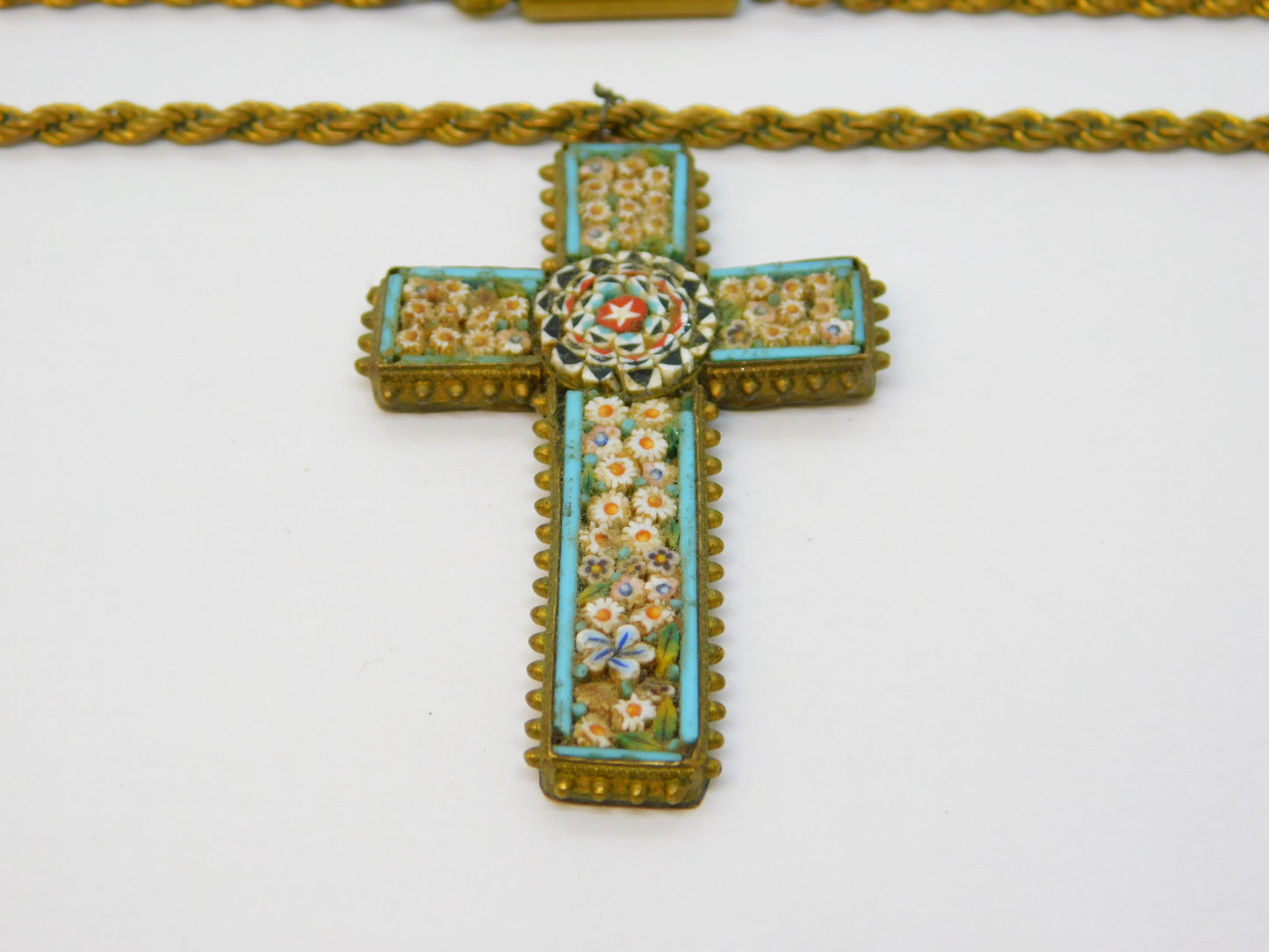 19th Century Italian Gilt Metal Floral Micro Mosaic Cross Pendant Necklace c1860