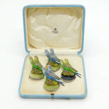 Boxed Asprey & Co Cold Painted Spelter, Onyx & Chrome Budgie Place Settings Antique c1920