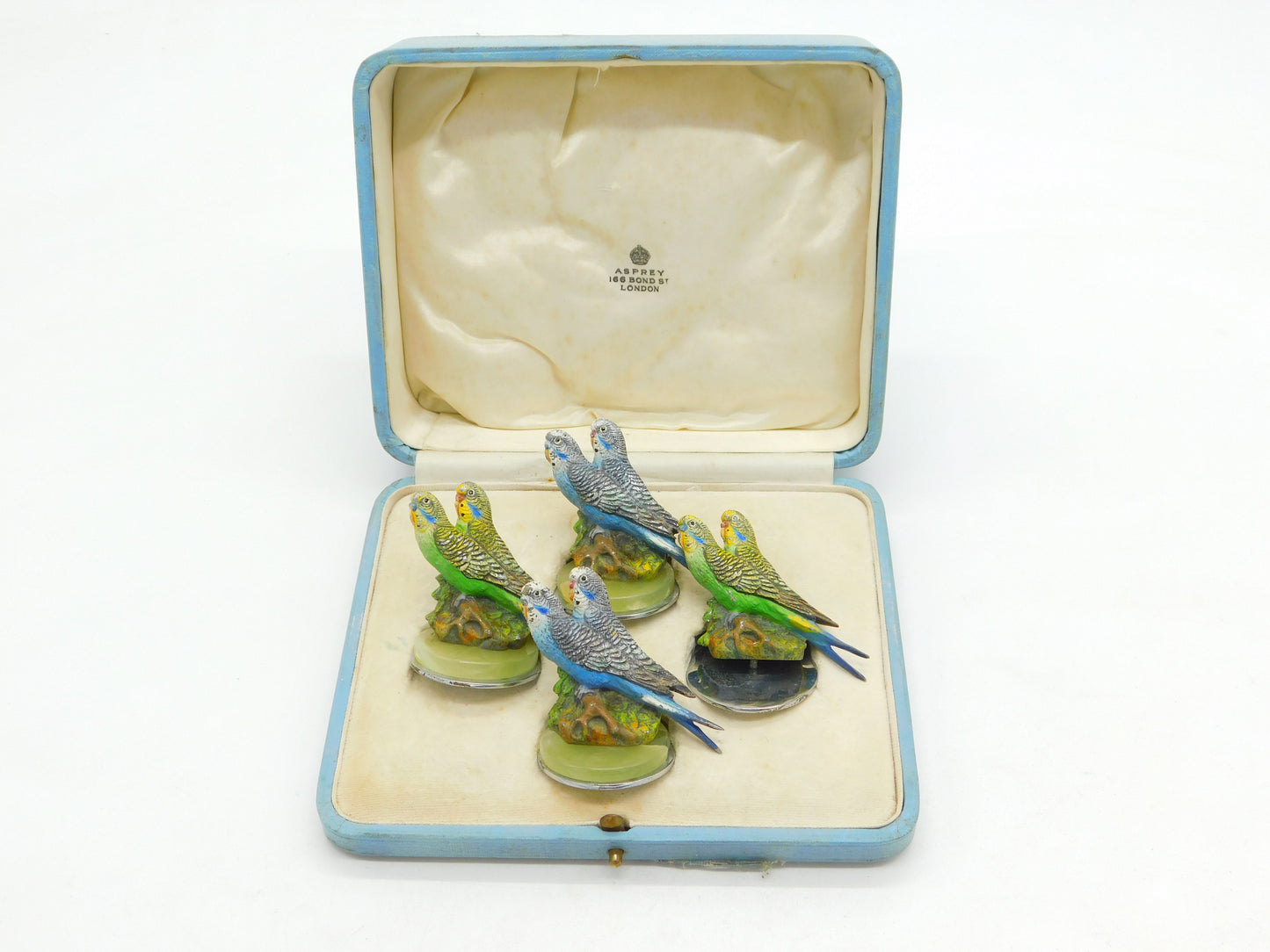 Boxed Asprey & Co Cold Painted Spelter, Onyx & Chrome Budgie Place Settings Antique c1920