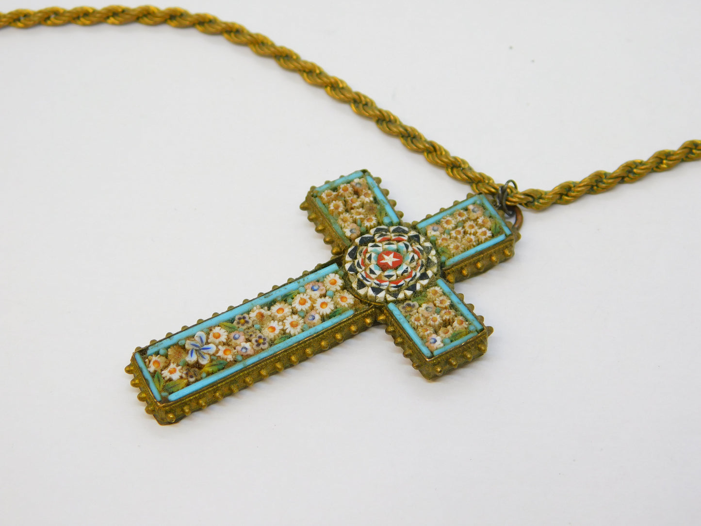 19th Century Italian Gilt Metal Floral Micro Mosaic Cross Pendant Necklace c1860