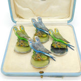 Boxed Asprey & Co Cold Painted Spelter, Onyx & Chrome Budgie Place Settings Antique c1920