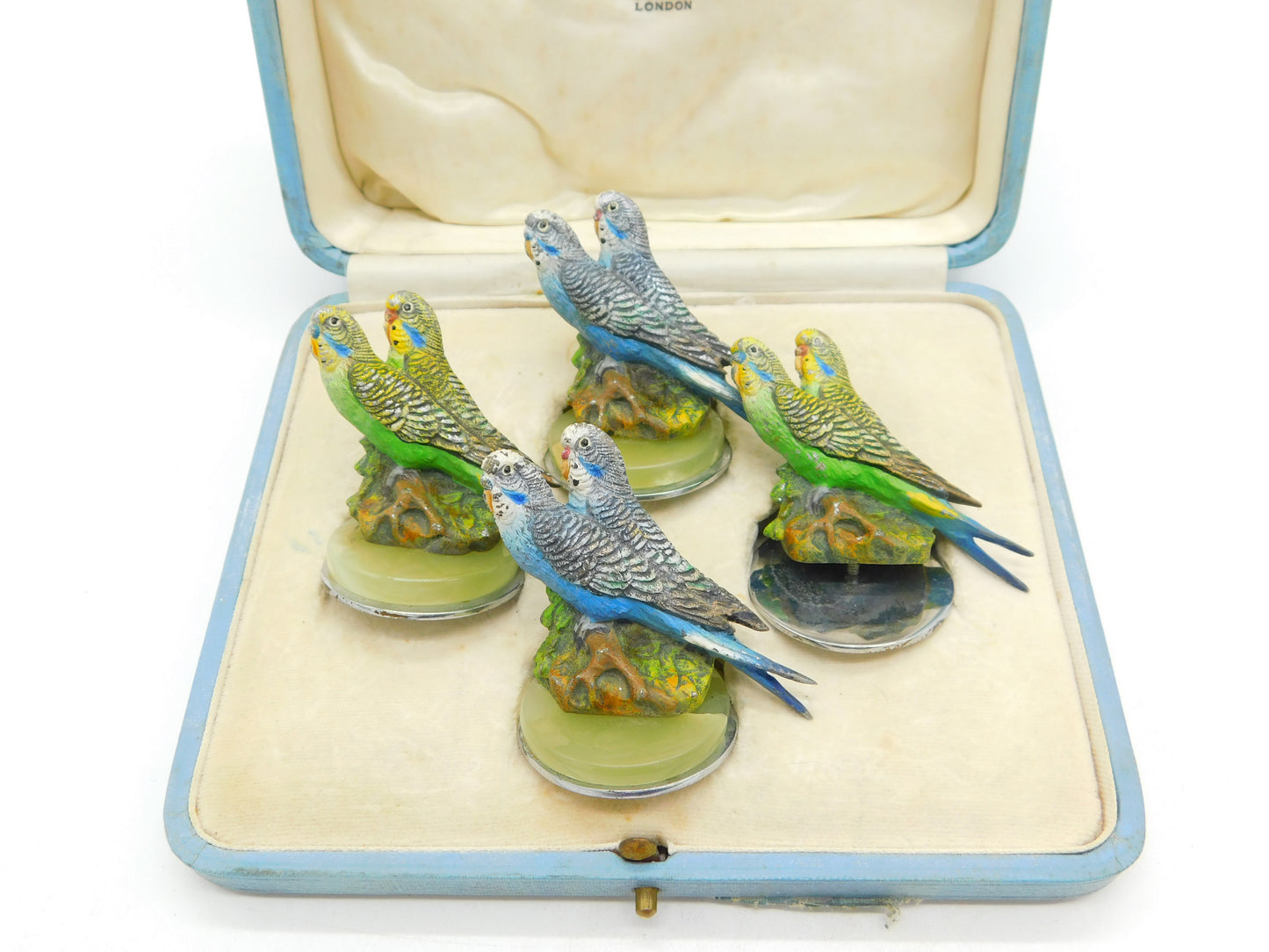 Boxed Asprey & Co Cold Painted Spelter, Onyx & Chrome Budgie Place Settings Antique c1920