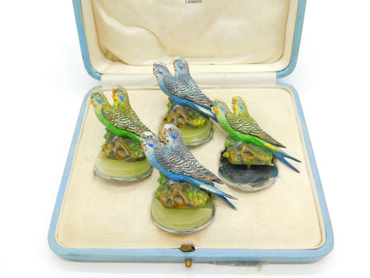 Boxed Asprey & Co Cold Painted Spelter, Onyx & Chrome Budgie Place Settings Antique c1920