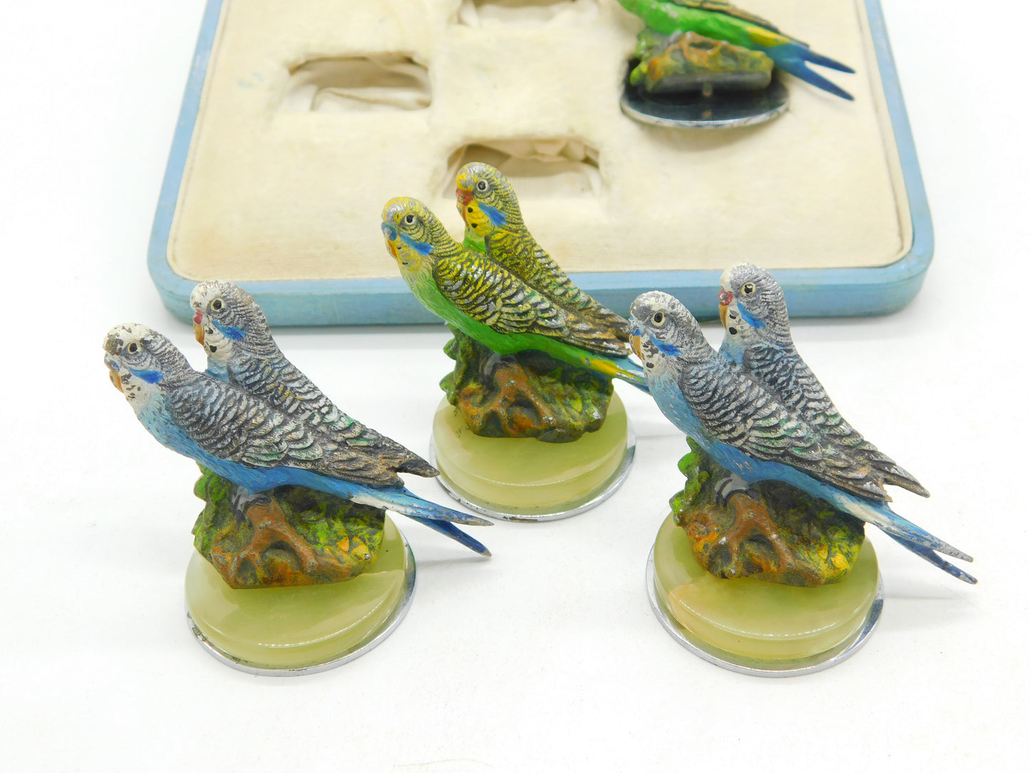 Boxed Asprey & Co Cold Painted Spelter, Onyx & Chrome Budgie Place Settings Antique c1920