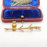 9ct Yellow Gold Owl Perched on Branch Bar Brooch Vintage 1963 Birmingham