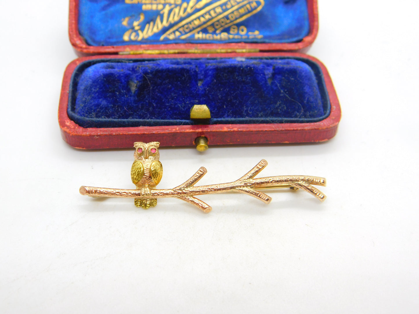 9ct Yellow Gold Owl Perched on Branch Bar Brooch Vintage 1963 Birmingham