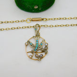 Victorian 9ct Gold, Seed Pearl & Turquoise Swallow Pendant Necklace Antique 1890