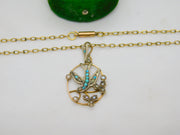 Victorian 9ct Gold, Seed Pearl & Turquoise Swallow Pendant Necklace Antique 1890