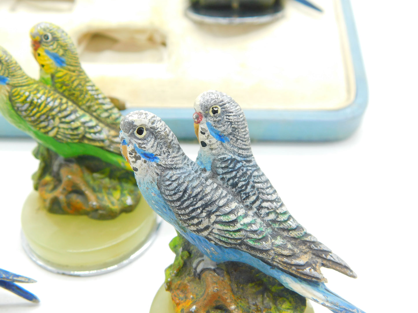 Boxed Asprey & Co Cold Painted Spelter, Onyx & Chrome Budgie Place Settings Antique c1920