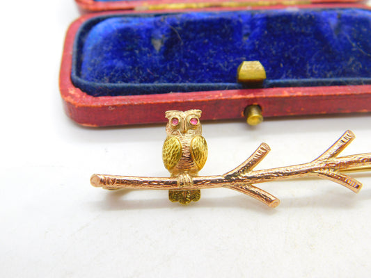 9ct Yellow Gold Owl Perched on Branch Bar Brooch Vintage 1963 Birmingham