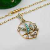 Victorian 9ct Gold, Seed Pearl & Turquoise Swallow Pendant Necklace Antique 1890