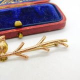 9ct Yellow Gold Owl Perched on Branch Bar Brooch Vintage 1963 Birmingham
