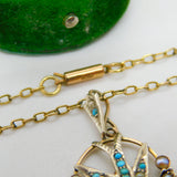 Victorian 9ct Gold, Seed Pearl & Turquoise Swallow Pendant Necklace Antique 1890