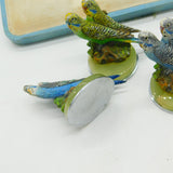 Boxed Asprey & Co Cold Painted Spelter, Onyx & Chrome Budgie Place Settings Antique c1920