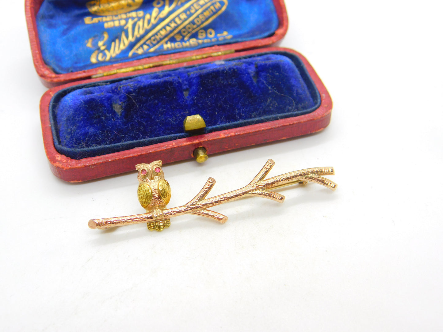 9ct Yellow Gold Owl Perched on Branch Bar Brooch Vintage 1963 Birmingham