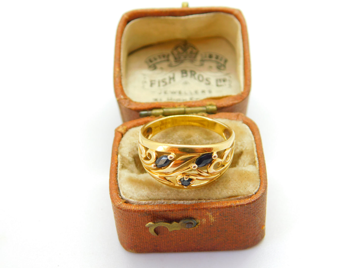 9ct Yellow Gold Floral Pattern Blue Sapphire Set Band Ring 1995 Birmingham