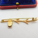 9ct Yellow Gold Owl Perched on Branch Bar Brooch Vintage 1963 Birmingham