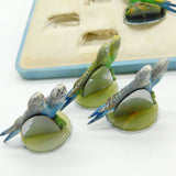 Boxed Asprey & Co Cold Painted Spelter, Onyx & Chrome Budgie Place Settings Antique c1920