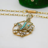 Victorian 9ct Gold, Seed Pearl & Turquoise Swallow Pendant Necklace Antique 1890