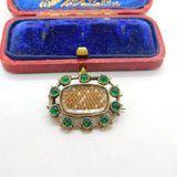 Georgian 9ct Gold Mourning Brooch with Hair Weave & Emerald Paste c1810 Antique